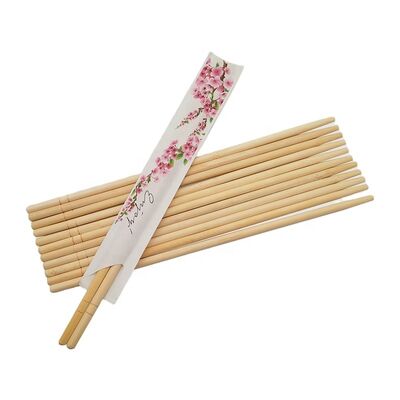 Disposable Bamboo Chopsticks with Paper Sleeve Pack Round Shape and Small Flower Printed